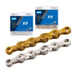 KMC X9 9-speed bicycle chain with 114 links, available in silver/gold, designed for smooth shifting and durability on MTB and road bikes.