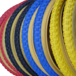 BMX Comp IIII Tyres with tan amber skin wall Sidewalls available in yellow black red or blue 20x1.75" Comp 3 tread pattern