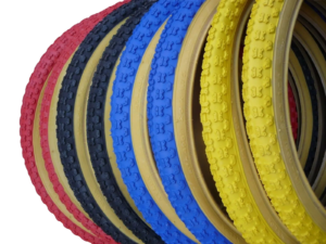 BMX Comp IIII Tyres with tan amber skin wall Sidewalls available in yellow black red or blue 20x1.75" Comp 3 tread pattern