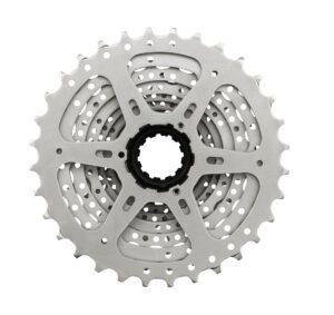 Shimano 9-speed cassette CS-HG201, 11-34T, silver, designed for MTB, touring, and hybrid bikes, ensuring smooth and reliable gear shifts.