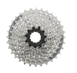 Shimano 9-speed cassette CS-HG201, 11-34T, silver, designed for MTB, touring, and hybrid bikes, ensuring smooth and reliable gear shifts.