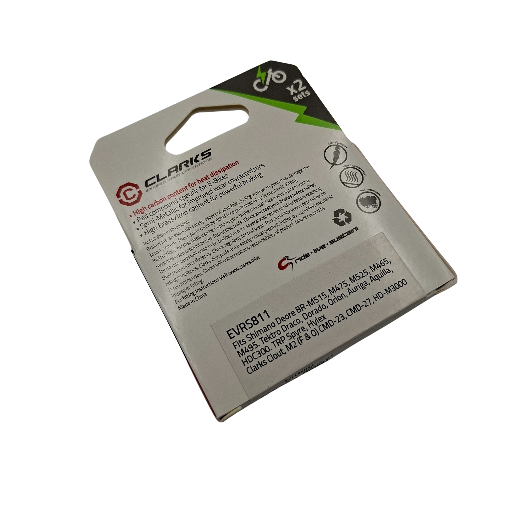Clarks E-VRS811 E-Bike Disc Brake Pads – Semi-Metallic High Carbon Pads for Shimano, Tektro & TRP Brakes (EVRS811X2)