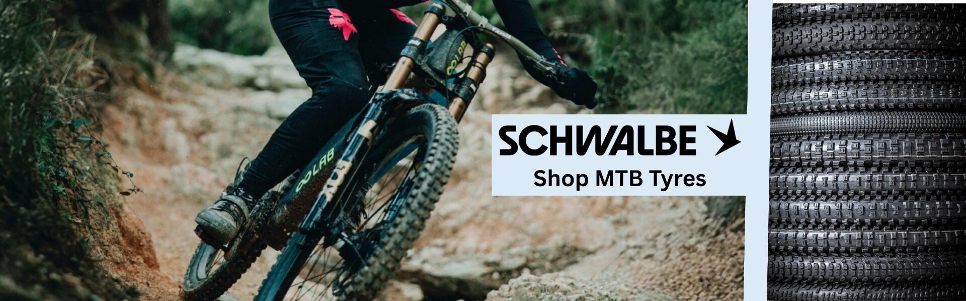 Schwalbe mountain bike (MTB) tyres on off-road trail background, showcasing grip and performance - shop now at hopkinsoncycles.com